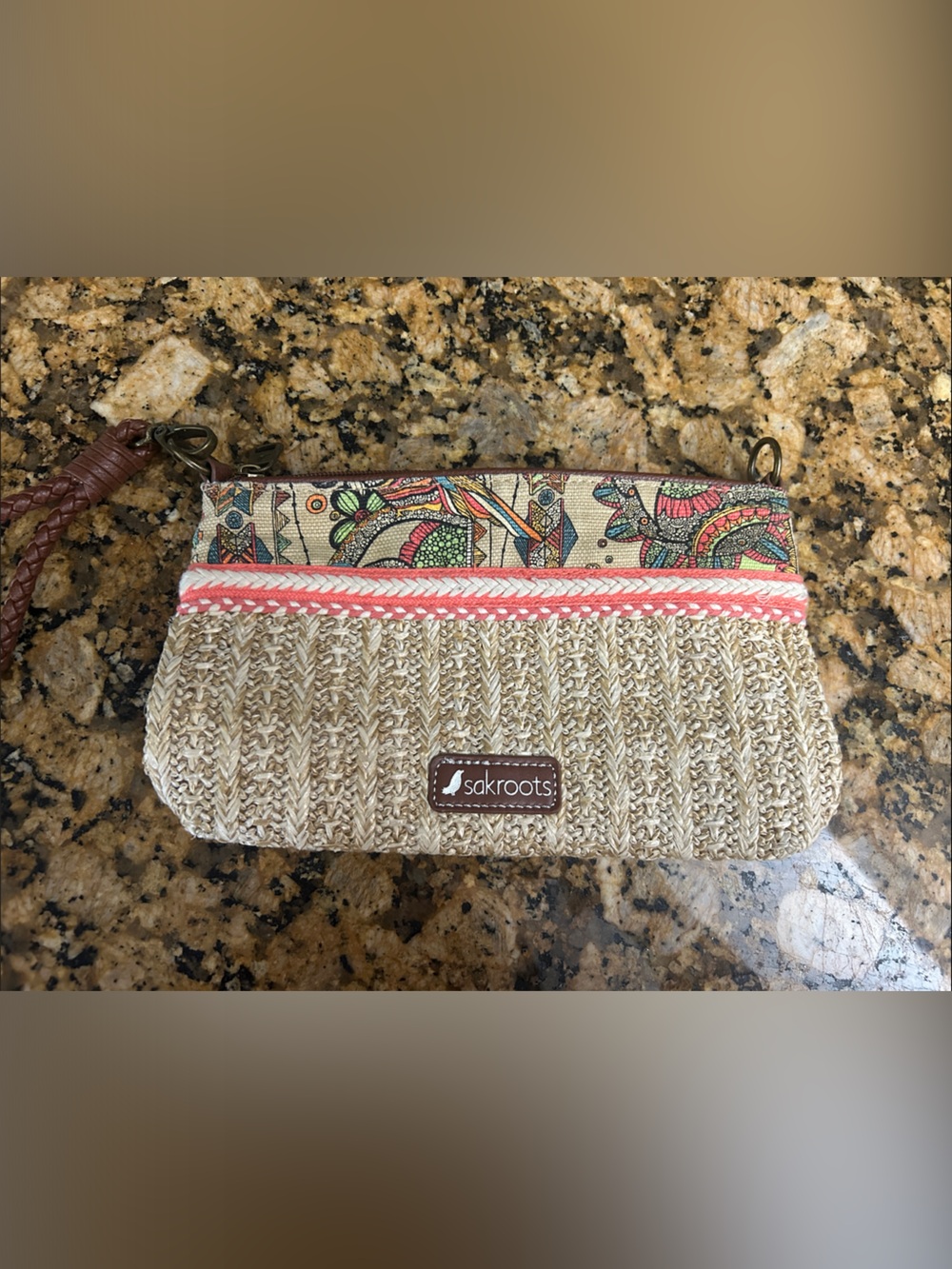 Sakroots Beige Woven Wristlet with Coral Trim and Multicolor Pattern